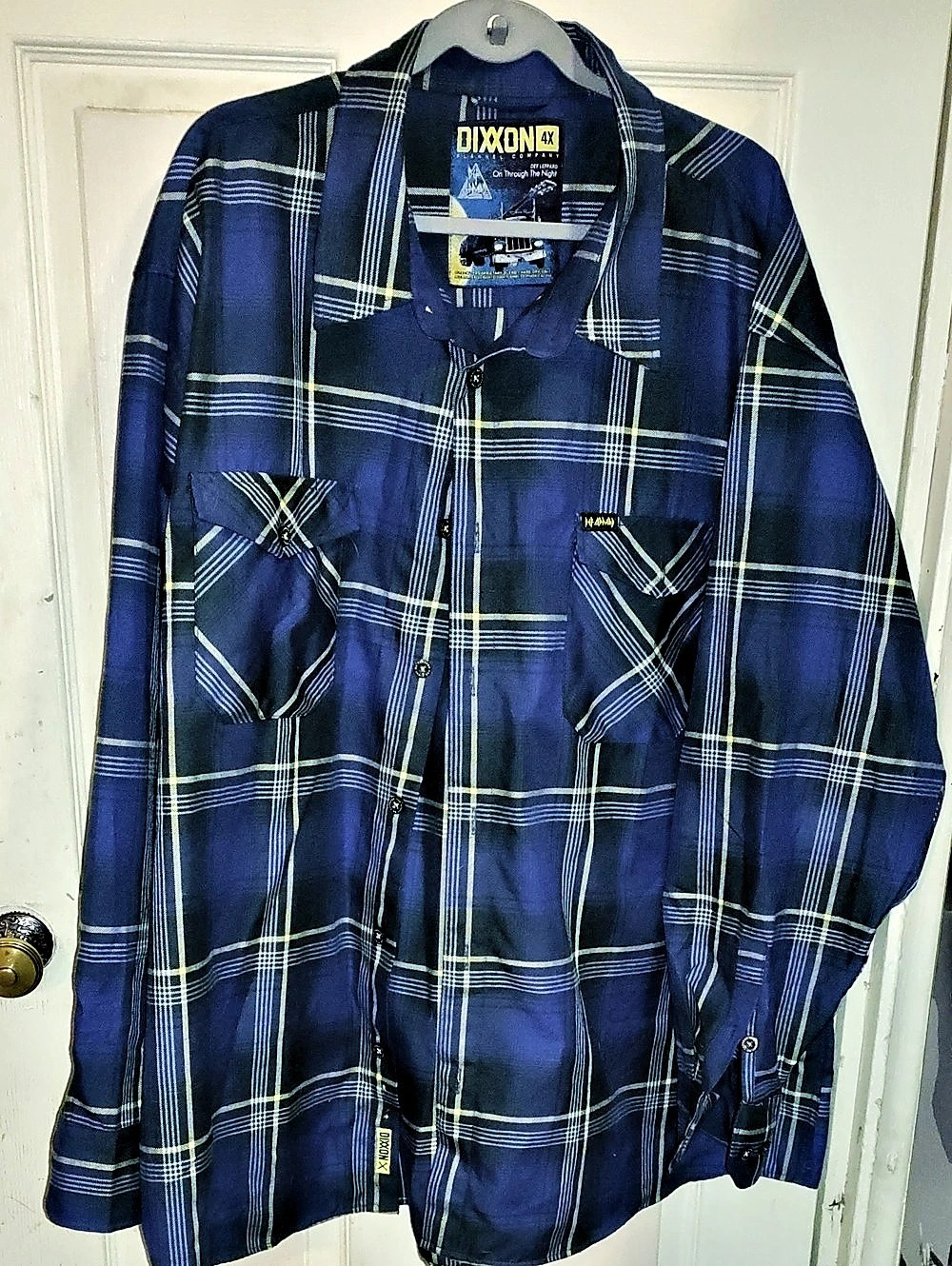 Dixxon Def Leppard On Through the Night Plaid Button Down in Blue & Yellow 4XL